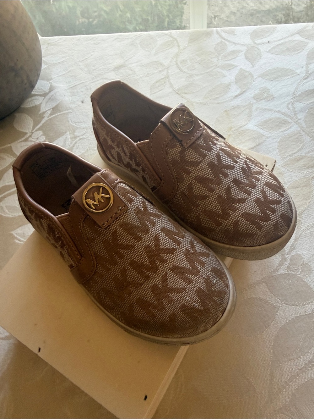 Michael Kors Kids Tan Logo Slip-On Sneakers with Gold Emblem